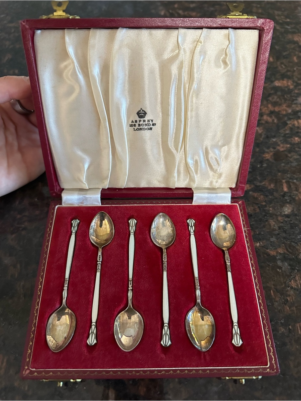 Rare Asprey (Bond Street) of London set of 6 silver demitasse spoons